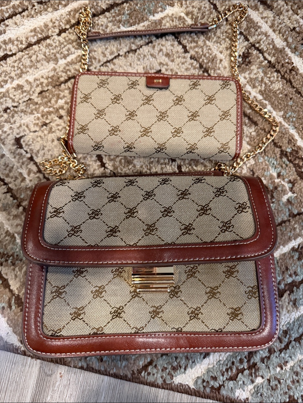 Mango Beige and Brown Monogram Chain Shoulder Bag Set